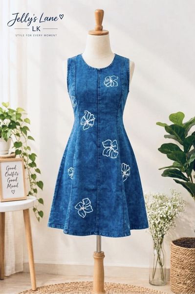 Floral Motif Denim Skater Dress