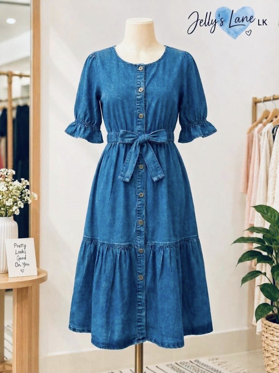 Denim Puff-Sleeve Belted Midi Dress